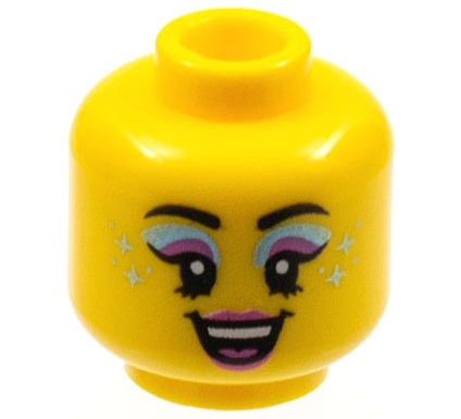 Minifigure, Head Female Black Eyebrows, Metallic Light Blue and Dark Pink Eye Shadow, Stars, Open Smile Pattern