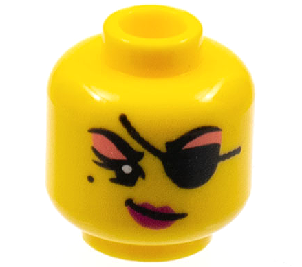 Minifigure, Head Female Black Eyebrows, Eye Patch, and Beauty Mark, Coral Eye Shadow, Magenta Lips Smirk Pattern