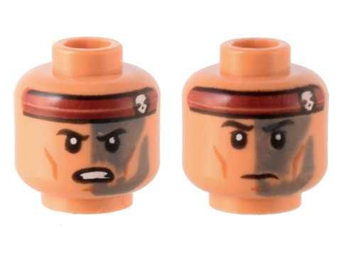 Minifigure, Head Dual Sided Black Eyebrows, White Pupils, Cheek Lines, Dark Red Headband with Skull, Dark Gray Face Paint, Angry / Frown Pattern