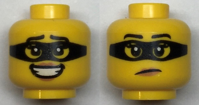 Minifigure, Head Dual Sided Female Black Eyebrows and Mask, Medium Nougat Lips, and Open Mouth Smile with Teeth / Frown Pattern