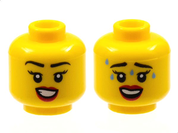 Minifigure, Head Dual Sided Female Black Eyebrows, Red Lips, Smile with Teeth / Worried with Sweat Pattern