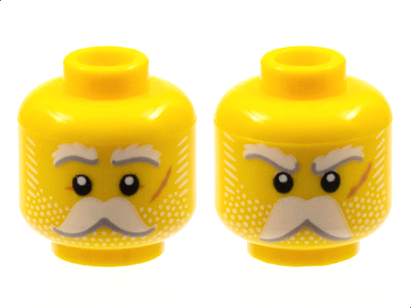 Minifigure, Head Dual Sided White Eyebrows, Moustache, and Whiskers, Medium Nougat Scar on Left Cheek, Neutral / Angry Pattern
