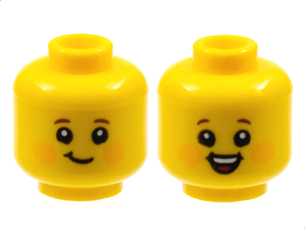 Minifigure, Head Dual Sided Child Reddish Brown Eyebrows, Bright Light Orange Circles on Cheeks, Lopsided Grin / Open Mouth Smile with Top Teeth and Red Tongue Pattern