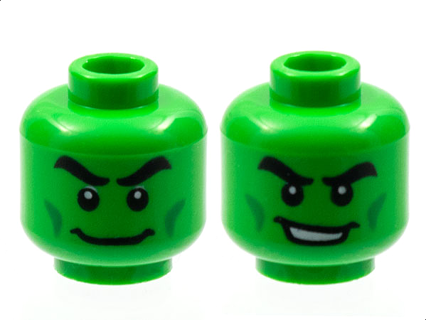 Minifigure, Head Dual Sided Black Thick Eyebrows, Green Cheek Lines, Wide Grin / Open Mouth Smile with Teeth Pattern