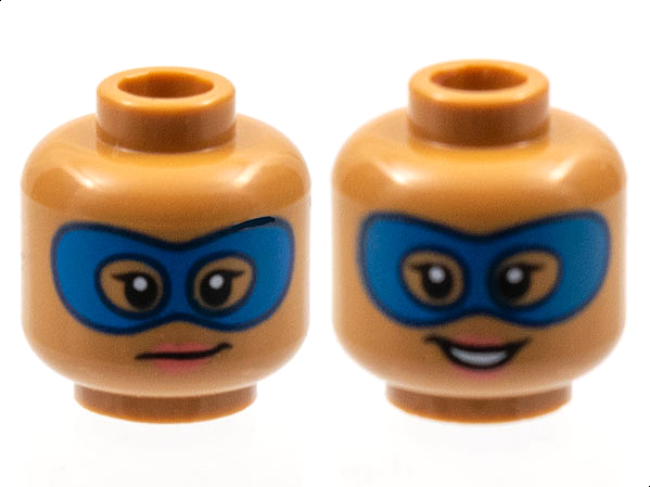 Minifigure, Head Dual Sided Female Blue Domino Mask, Dark Pink Lips, Grin / Open Smile Pattern