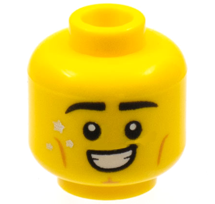 Minifigure, Head Black Eyebrows, Gold Stars, Medium Nougat Cheek Lines and Cleft Chin, Smile with Teeth Pattern
