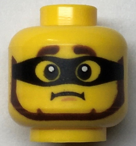 Minifigure, Head Reddish Brown Thick Eyebrows and Beard, Black Mask, Worried Frown Pattern
