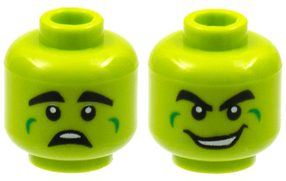 Minifigure, Head Dual Sided Alien, Thick Black Eyebrows, Green Cheek Dimples, Scared / Wide Grin with Teeth Pattern