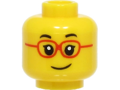 Minifigure, Head Child Black Eyebrows, Single Eyelashes, Glasses with Red Frames, Lopsided Grin Pattern