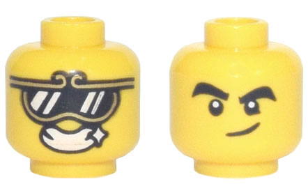 Minifigure, Head Dual Sided Gold Trim Sunglasses with Reflections, Open Mouth Grin with Sparkle / Black Thick Eyebrows, Smirk Pattern