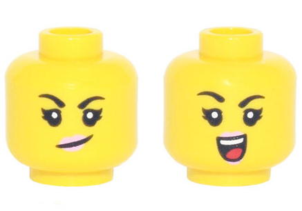 Minifigure, Head Dual Sided Female, Black Eyebrows, Bright Pink Lips, Smirk / Open Smile with Teeth and Red Tongue Pattern