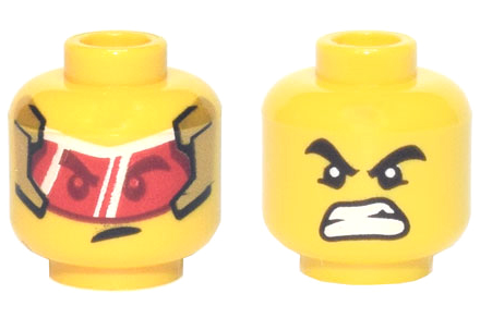 Minifigure, Head Dual Sided Black Thick Eyebrows, Red Visor with Reflections, Crooked Scowl / Angry Grimace Pattern
