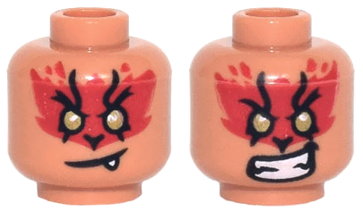 Minifigure, Head Dual Sided Red Fur, Gold Eyes, Crooked Mouth with Fang / Teeth Bared Grimace Pattern