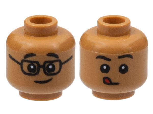 Minifigure, Head Dual Sided Child Black Eyebrows, Glasses and Grin / Closed Mouth with Red Tongue Licking Pattern