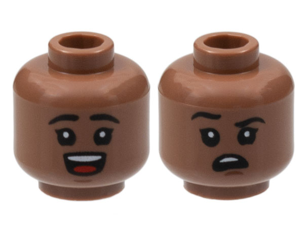 Minifigure, Head Dual Sided Child Black Eyebrows, Open Mouth Smile with Top Teeth and Red Tongue / Right Eyebrow Raised, Confused Pattern
