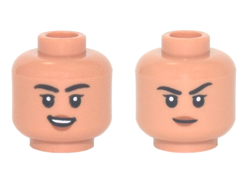 Minifigure, Head Dual Sided Female, Black Eyebrows, Medium Nougat Lips Open Mouth Smile / Raised Eyebrow Pattern