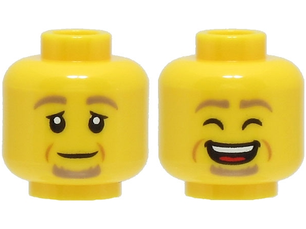 Minifigure, Head Dual Sided Dark Tan Eyebrows and Goatee, Medium Nougat Cheek Lines, Neutral / Laughing with Closed Eyes and Open Mouth Pattern