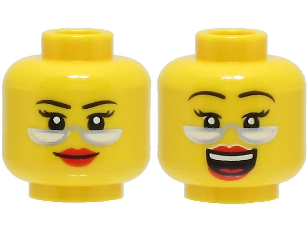 Minifigure, Head Dual Sided Female Black Thin Eyebrows, Red Lips, Silver Glasses, Smile / Laughing with Open Mouth Pattern