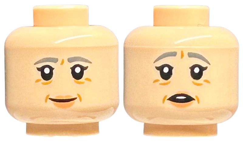 Minifigure, Head Dual Sided Female Dark Bluish Gray Eyebrows, Black Eyelashes, Medium Nougat Dimples and Wrinkles, Nougat Lips, Grin / Concerned Open Mouth with Top Teeth Pattern
