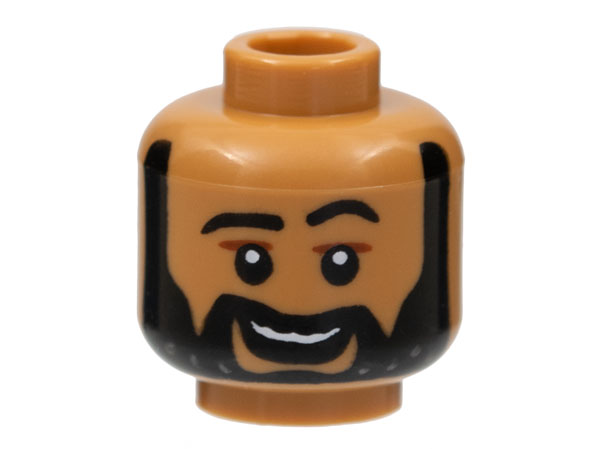 Minifigure, Head Black Eyebrows and Beard with White Spots, Reddish Brown Lines over Eyes, Smile with Teeth Pattern