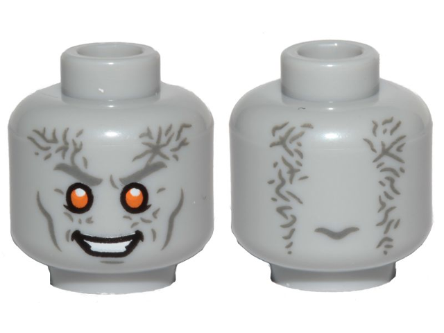 Minifigure, Head Alien with White Teeth, Dark Bluish Gray Cheek Lines, Eyebrows and Wrinkles, Orange Eyes, Smile Pattern