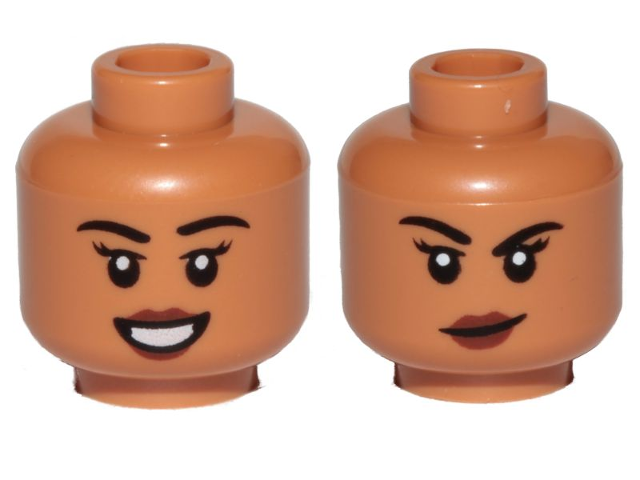 Minifigure, Head Dual Sided Female, Black Eyebrows, Red Lips, Open / Closed Mouth Smile Pattern