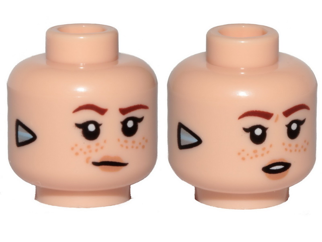 Minifigure, Head Dual Sided Female Reddish Brown Eyebrows, Nougat Lips, Freckles, Silver Triangle (Focus), Lopsided Closed Mouth / Surprised Open Mouth Pattern