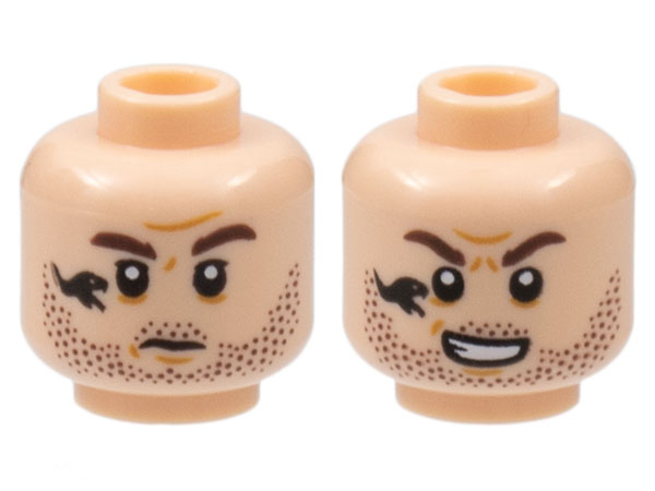 Minifigure, Head Dual Sided Beard Stubble, Reddish Brown Eyebrows, Black Snake Tattoo, Mouth Closed / Mouth Open Pattern