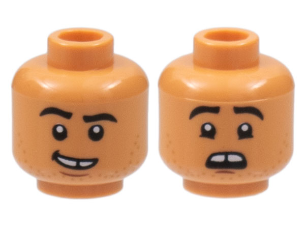 Minifigure, Head Dual Sided Black Eyebrows, Gap in Teeth, Stubble, Lopsided Smile / Scared Pattern