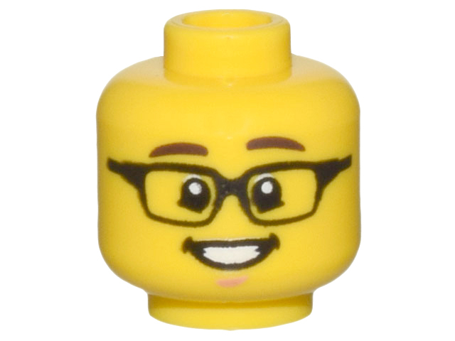 Minifigure, Head Dark Brown Eyebrows, Black Rectangular Glasses, Open Mouth Smile, White Teeth, Chin Dimple Pattern