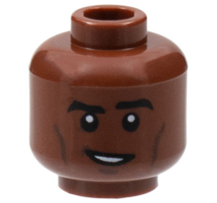 Minifigure, Head Thick Black Eyebrows, Dark Brown Contour Lines, Lopsided Smile with Teeth Pattern