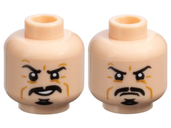 Minifigure, Head Dual Sided Black Eyebrows, Moustache, and Goatee, Medium Nougat Cheek Lines and Wrinkles, Open Mouth Smile with Teeth / Scowl Pattern