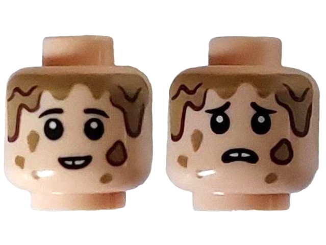 Minifigure, Head Dual Sided Child Black Eyebrows, Dark Tan Mud Spots, Open Mouth Smile with Teeth with Gap / Scared Pattern