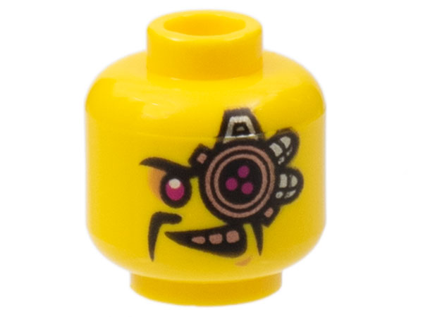 Minifigure, Head Alien with Cyborg Eyepiece, Magenta Eye, Copper Teeth, Black Fu Manchu Moustache Pattern