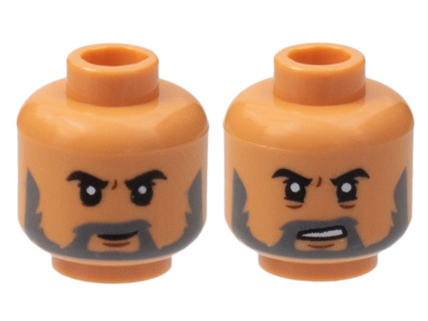 Minifigure, Head Dual Sided Black Eyebrows, Dark Bluish Gray Beard, Neutral / Sneer with Teeth Pattern
