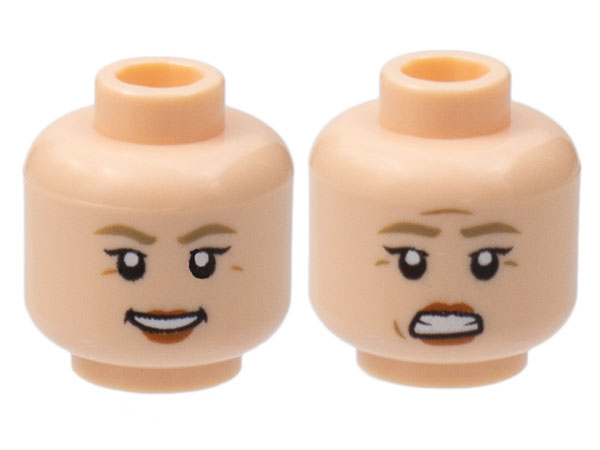 Minifigure, Head Dual Sided Female, Dark Tan Eyebrows, Dark Orange Lips, Smile / Scared Pattern