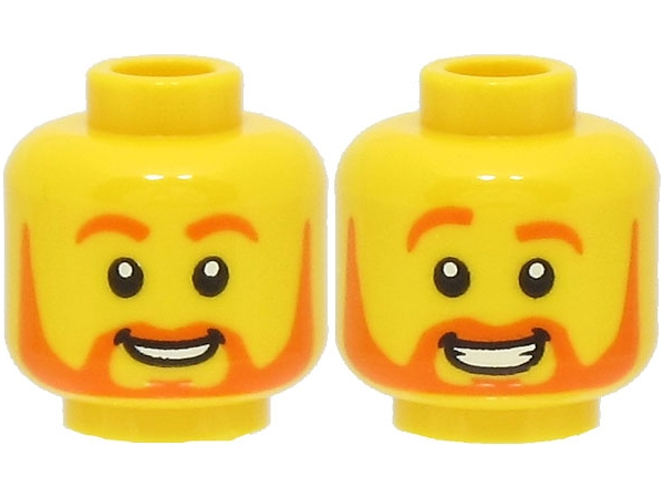 Minifigure, Head Dual Sided Orange Eyebrows and Beard, Smile with Teeth / Large Smile and Raised Eyebrow Pattern