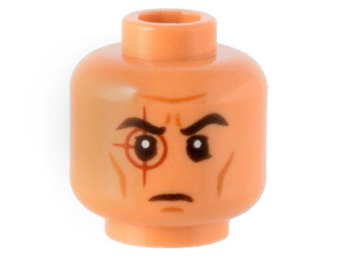 Minifigure, Head SW Black Eyebrows, Dark Red Crosshairs Tattoo and Dark Orange Cheek Lines Pattern