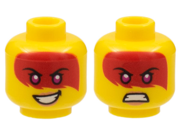 Minifigure, Head Dual Sided Female, Large Red Tattoo, Magenta Eyes, Peach Lips, Smile / Scowl Pattern (Harumi)