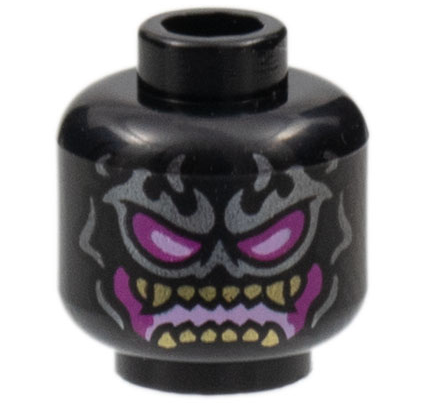 Minifigure, Head Alien Silver Flame Tattoos, Magenta and Bright Pink Eyes and Mouth, Gold Teeth Pattern