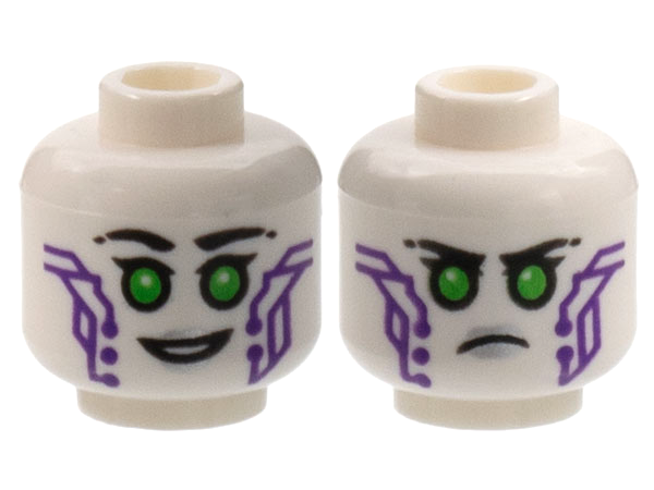 Minifigure, Head Dual Sided Alien Robot Female with Black Eyebrows, Single Eyelashes, Bright Green Eyes, Silver Lips, Dark Purple Circuitry, Open Mouth Smile / Angry Frown Pattern