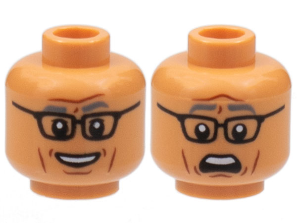 Minifigure, Head Dual Sided Dark Bluish Gray Eyebrows, Black Glasses, Reddish Brown Contour Lines, Smile / Scared Pattern