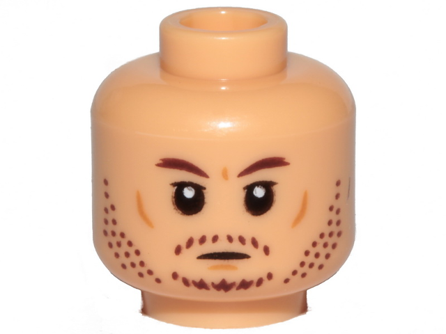 Minifigure, Head Dark Brown Eyebrows, Stubble, Nougat Cheek Lines and Chin Dimple Pattern