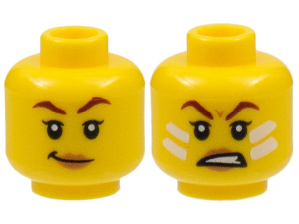 Minifigure, Head Dual Sided Female, Dark Red Eyebrows, Peach Lips, Smirk / Scowl with White Face Paint Lines Pattern