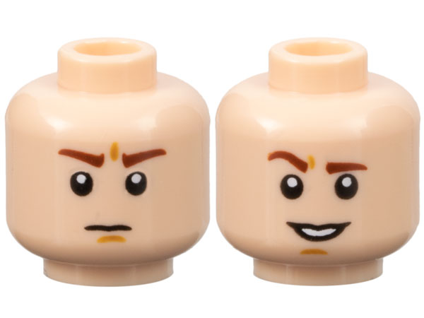 Minifigure, Head Dual Sided Reddish Brown Eyebrows, Right Raised, Chin Dimple, Open Mouth Grin with Teeth / Stern Eyebrows and Scowl Face Pattern
