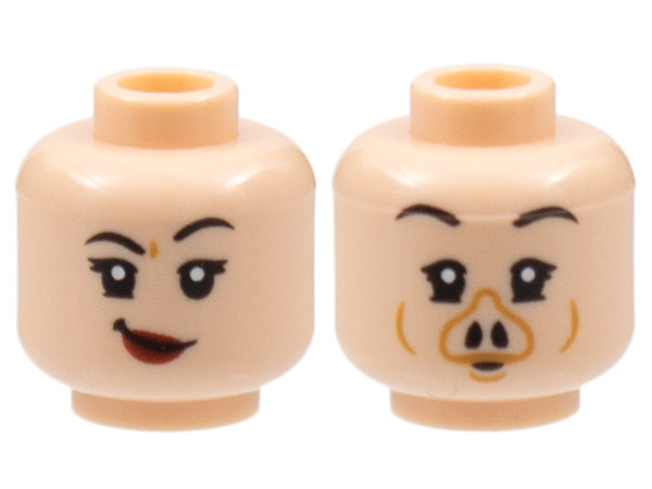 Minifigure, Head Dual Sided Female, Black Eyebrows, Lopsided Grin with Dark Red Lips / Pig Snout Pattern