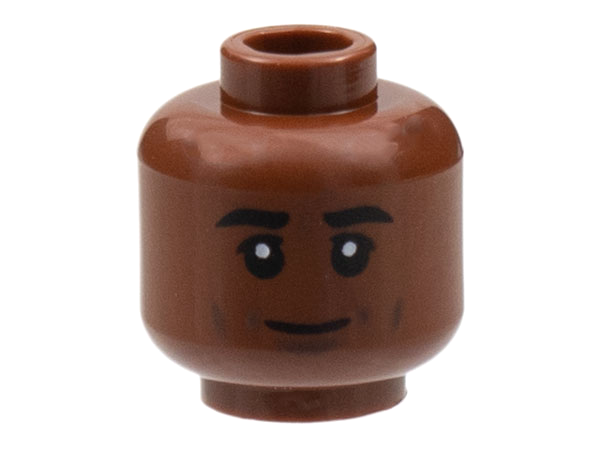Minifigure, Head Thick Black Eyebrows, Dark Bluish Gray Cheek Lines and Chin Dimple, Closed Grin Pattern
