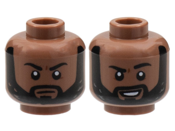 Minifigure, Head Dual Sided Black Eyebrows and Beard, Neutral / Grin with Raised Left Eyebrow Pattern