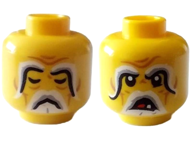 Minifigure, Head Dual Sided Light Bluish Gray and White Eyebrows and Goatee, Wrinkles, Closed Eyes and Frown / Open Mouth with Tooth Pattern