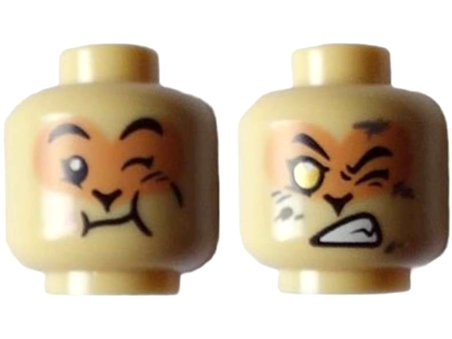 Minifigure, Head Dual Sided Alien Black Eyebrows, Nougat Face, Wink, Neutral with Full Cheek / Lopsided Bared Teeth, Gold Eye, and Dark Tan Dirt Stains Pattern